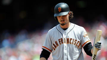 WASHINGTON, DC - AUGUST 13: Jarrett Parker #6 of the San Francisco Giants walks to the dugout after striking out in the second inning against the Washington Nationals during Game 1 of a doubleheader at Nationals Park on August 13, 2017 in Washington, DC. (Photo by Greg Fiume/Getty Images)