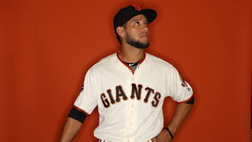 SCOTTSDALE, AZ - FEBRUARY 20: Gregor Blanco #1 of the San Francisco Giants poses on photo day during MLB Spring Training at Scottsdale Stadium on February 20, 2018 in Scottsdale, Arizona. (Photo by Patrick Smith/Getty Images)