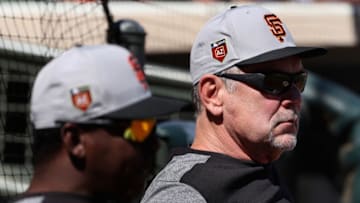SURPRISE, AZ - MARCH 05: Manager Bruce Bochy #15 (R) of the San Francisco Giants watches from the dugout during a spring training game against the Texas Rangers at Surprise Stadium on March 5, 2018 in Surprise, Arizona. (Photo by Christian Petersen/Getty Images)