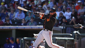 SURPRISE, AZ - MARCH 05: Brandon Crawford #35 of the San Francisco Giants bats against the Texas Rangers during the spring training game at Surprise Stadium on March 5, 2018 in Surprise, Arizona. (Photo by Christian Petersen/Getty Images)