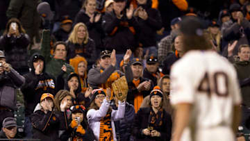 SAN FRANCISCO, CA - MAY 04: San Francisco Giants fans cheer as Madison Bumgarner #40 walks off the field after being relieved during the eighth inning against the San Diego Padres at AT&T Park on May 4, 2015 in San Francisco, California. (Photo by Jason O. Watson/Getty Images)