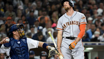 SAN DIEGO, CA - APRIL 14: Hunter Pence #8 of the San Francisco Giants reacts to a called strike during the eighth inning of a baseball game against the San Diego Padres at PETCO Park on April 14, 2018 in San Diego, California. (Photo by Denis Poroy/Getty Images)