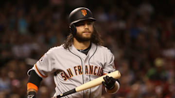 PHOENIX, AZ - APRIL 17: Brandon Crawford #35 of the San Francisco Giants reacts to a strike out against the Arizona Diamondbacks during the third inning of the MLB game at Chase Field on April 17, 2018 in Phoenix, Arizona. (Photo by Christian Petersen/Getty Images)