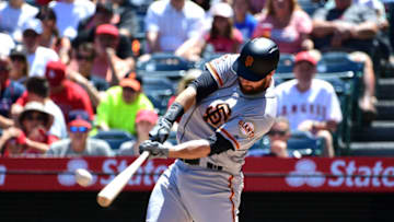 ANAHEIM, CA - APRIL 22: Brandon Belt #9 of the San Francisco Giants flys out after setting a new MLB record with a 21 pitch at bat in the first inning of the game off starting pitcher Jaime Barria #51 of the Los Angeles Angels of Anaheim at Angel Stadium on April 22, 2018 in Anaheim, California. (Photo by Jayne Kamin-Oncea/Getty Images)