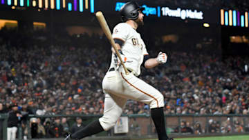 SAN FRANCISCO, CA - APRIL 24: Brandon Belt #9 of the San Francisco Giants hits a two-run home run against the Washington Nationals in the bottom of the third inning at AT&T Park on April 24, 2018 in San Francisco, California. (Photo by Thearon W. Henderson/Getty Images)