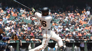 SAN FRANCISCO, CA - MAY 02: Austin Jackson #16 of the San Francisco Giants hits a bases loaded two-run rbi double against the San Diego Padres in the bottom of the first inning at AT&T Park on May 2, 2018 in San Francisco, California. (Photo by Thearon W. Henderson/Getty Images)