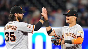 ATLANTA, GA - MAY 5: Gorkys Hernandez #7 and Brandon Crawford #35 of the San Francisco Giants celebrate after the game against the Atlanta Braves at SunTrust Park on May 5, 2018 in Atlanta, Georgia. (Photo by Scott Cunningham/Getty Images)