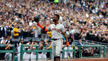 PITTSBURGH, PA - MAY 11: Andrew McCutchen #22 of the San Francisco Giants acknowledges the fans during a standing ovation against the Pittsburgh Pirates at PNC Park on May 11, 2018 in Pittsburgh, Pennsylvania. (Photo by Justin K. Aller/Getty Images)