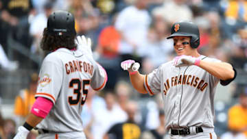 PITTSBURGH, PA - MAY 13: Nick Hundley #5 of the San Francisco Giants celebrates his three run home run with Brandon Crawford #35 during the sixth inning against the Pittsburgh Pirates at PNC Park on May 13, 2018 in Pittsburgh, Pennsylvania. (Photo by Joe Sargent/Getty Images)