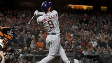 SAN FRANCISCO, CA - AUGUST 06: Marwin Gonzalez #9 of the Houston Astros swings and watches the flight of his ball as he hits a three-run home run against the San Francisco Giants in the top of the ninth inning at AT&T Park on August 6, 2018 in San Francisco, California. The Astros won the game 3-1. (Photo by Thearon W. Henderson/Getty Images)