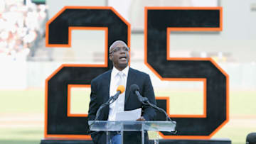 SAN FRANCISCO, CA - AUGUST 11: Former San Francisco Giants player Barry Bonds speaks at a ceremony to retire his #25 jersey at AT&T Park on August 11, 2018 in San Francisco, California. (Photo by Lachlan Cunningham/Getty Images)