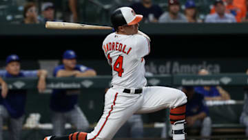 BALTIMORE, MD - AUGUST 28: John Andreoli #34 of the Baltimore Orioles bats against the Toronto Blue Jays at Oriole Park at Camden Yards on August 28, 2018 in Baltimore, Maryland. (Photo by Patrick Smith/Getty Images)