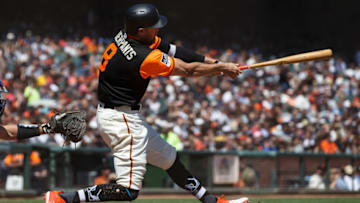 SAN FRANCISCO, CA - AUGUST 26: Hunter Pence #8 of the San Francisco Giants at bat against the Texas Rangers during the fourth inning at AT&T Park on August 26, 2018 in San Francisco, California. The San Francisco Giants defeated the Texas Rangers 3-1. All players across MLB will wear nicknames on their backs as well as colorful, non-traditional uniforms featuring alternate designs inspired by youth-league uniforms during Players Weekend. (Photo by Jason O. Watson/Getty Images)