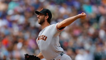 DENVER, CO - SEPTEMBER 3: Starting pitcher Madison Bumgarner #40 of the San Francisco Giants delivers to home plate during the first inning against the Colorado Rockies at Coors Field on September 3, 2018 in Denver, Colorado. (Photo by Justin Edmonds/Getty Images)