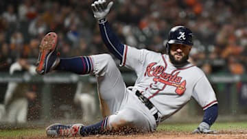 SAN FRANCISCO, CA - SEPTEMBER 11: Nick Markakis #22 of the Atlanta Braves scores on a sacrifice fly from Ender Inciarte #11 against the San Francisco Giants in the top of the fourth inning at AT&T Park on September 11, 2018 in San Francisco, California. (Photo by Thearon W. Henderson/Getty Images)