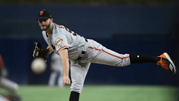 SAN DIEGO, CA - SEPTEMBER 17: Andrew Suarez #59 of the San Francisco Giants pitches during the first inning of a baseball game against the San Diego Padres at PETCO Park on September 17, 2018 in San Diego, California. (Photo by Denis Poroy/Getty Images)