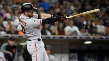 SAN DIEGO, CA - SEPTEMBER 17: Evan Longoria #10 of the San Francisco Giants hits a two-run home run during the fifth inning of a baseball game against the San Diego Padres at PETCO Park on September 17, 2018 in San Diego, California. (Photo by Denis Poroy/Getty Images)