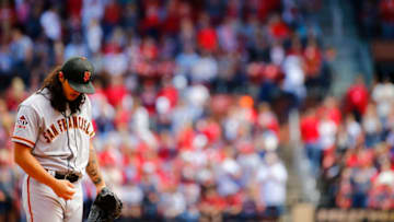 ST. LOUIS, MO - SEPTEMBER 22: Dereck Rodriguez #57 of the San Francisco Giants reacts after giving up a two-run home run against the St. Louis Cardinals in the seventh inning at Busch Stadium on September 22, 2018 in St. Louis, Missouri. (Photo by Dilip Vishwanat/Getty Images)