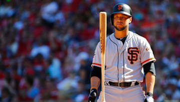 ST. LOUIS, MO - SEPTEMBER 23: Gregor Blanco #1 of the San Francisco Giants reacts after striking out against the St. Louis Cardinals in the sixth inning at Busch Stadium on September 23, 2018 in St. Louis, Missouri. (Photo by Dilip Vishwanat/Getty Images)
