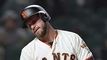 SAN FRANCISCO, CA - SEPTEMBER 26: Evan Longoria #10 of the San Francisco Giants reacts after striking out to end the game against the San Diego Padres at AT&T Park on September 26, 2018 in San Francisco, California. The Padres won the game 3-2. (Photo by Thearon W. Henderson/Getty Images)