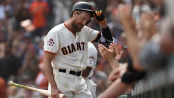 SAN FRANCISCO, CA - SEPTEMBER 30: Hunter Pence #8 of the San Francisco Giants walks off the field following his final at-bat against the Los Angeles Dodgers during their MLB game at AT&T Park on September 30, 2018 in San Francisco, California. (Photo by Robert Reiners/Getty Images)