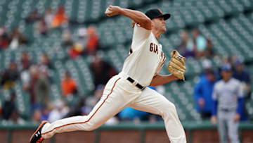 SAN FRANCISCO, CA - MAY 15: Shaun Anderson #64 of the San Francisco Giants making his Major League debut pitches against the Toronto Blue Jays in the top of the first inning at Oracle Park on May 15, 2019 in San Francisco, California. (Photo by Thearon W. Henderson/Getty Images)