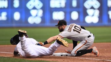 MILWAUKEE, WISCONSIN - JULY 13: Lorenzo Cain #6 of the Milwaukee Brewers is tagged out at third base by Evan Longoria #10 of the San Francisco Giants during the first inning at Miller Park on July 13, 2019 in Milwaukee, Wisconsin. (Photo by Stacy Revere/Getty Images)
