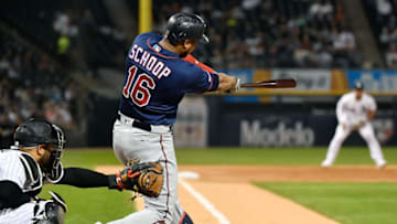 CHICAGO, ILLINOIS - AUGUST 28: Jonathan Schoop #16 of the Minnesota Twins his a three run home run in the second inning against the Chicago White Sox at Guaranteed Rate Field on August 28, 2019 in Chicago, Illinois. (Photo by Quinn Harris/Getty Images)