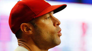 ATLANTA, GEORGIA - SEPTEMBER 18: Gabe Kapler #19 of the Philadelphia Phillies looks on during the second inning against the Atlanta Braves at SunTrust Park on September 18, 2019 in Atlanta, Georgia. (Photo by Kevin C. Cox/Getty Images)