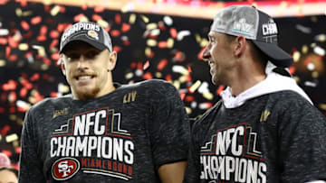 SANTA CLARA, CALIFORNIA - JANUARY 19: George Kittle #85 of the San Francisco 49ers and head coach Kyle Shanahan of the San Francisco 49ers celebrates after winning the NFC Championship game against the Green Bay Packers at Levi's Stadium on January 19, 2020 in Santa Clara, California. The 49ers beat the Packers 37-20. (Photo by Ezra Shaw/Getty Images)