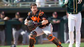 SF Giants catcher Tyler Heineman became a minor-league free agent on Monday. (Photo by Michael Zagaris/Oakland Athletics/Getty Images)