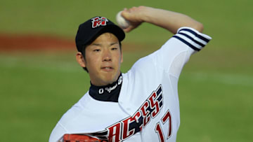 MELBOURNE, AUSTRALIA - NOVEMBER 17: Yusei Kikuchi pitcher for the Aces in action during the Australian Baseball League match between the Melbourne Aces and the Brisbane Bandits at Melbourne Showgrounds on November 17, 2011 in Melbourne, Australia. (Photo by Hamish Blair/Getty Images)
