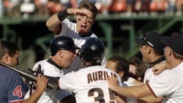 18 Sep 1997: The San Francisco Giants celebrate after Brian Johnson''s home run during the Giants 6-5 win over the Los Angeles Dodgers at 3Com Park in San Francisco, California. Mandatory Credit: Otto Greule /Allsport