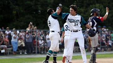 2019 SF Giants 1st-round pick, Hunter Bishop, right, celebrates with Michael Gasper of the Brewster Whitecaps during game one of the Cape Cod League Championship Series. (Photo by Maddie Meyer/Getty Images)