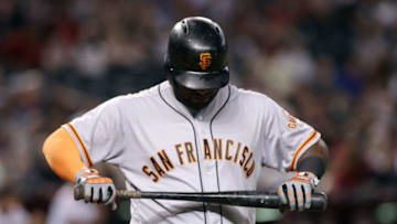PHOENIX, AZ - SEPTEMBER 25: Pablo Sandoval #48 of the San Francisco Giants reacts after striking out against the Arizona Diamondbacks during the fourth inning of a MLB game at Chase Field on September 25, 2017 in Phoenix, Arizona. (Photo by Ralph Freso/Getty Images)