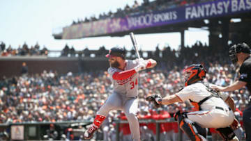 SAN FRANCISCO, CA - APRIL 25: Bryce Harper #34 of the Washington Nationals bats against the San Francisco Giants at AT&T Park on April 25, 2018 in San Francisco, California. (Photo by Ezra Shaw/Getty Images)