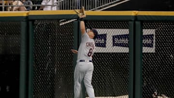 CHICAGO, IL - JUNE 11: Lonnie Chisenhall #8 of the Cleveland Indians catches a fly ball in the fourth inning against the Chicago White Sox at Guaranteed Rate Field on June 11, 2018 in Chicago, Illinois. (Photo by Dylan Buell/Getty Images)