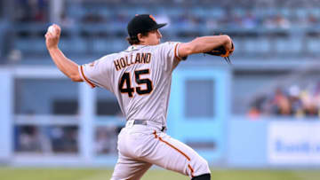 LOS ANGELES, CA - JUNE 15: Derek Holland #45 of the San Francisco Giants pitches to the Los Angeles Dodgers during the first inning at Dodger Stadium on June 15, 2018 in Los Angeles, California. (Photo by Harry How/Getty Images)