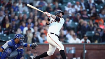 SAN FRANCISCO, CA - JULY 10: Brandon Belt #9 of the San Francisco Giants bats against the Chicago Cubs in the first inning at AT&T Park on July 10, 2018 in San Francisco, California. (Photo by Ezra Shaw/Getty Images)