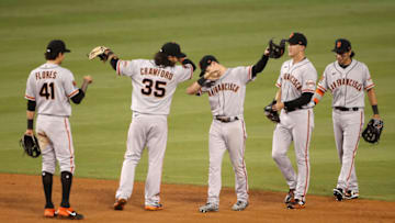 The SF Giants celebrate their win over the Los Angeles Dodgers. (Photo by Katelyn Mulcahy/Getty Images)