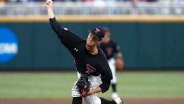 Jun 21, 2018; Omaha, NE, USA; Texas Tech Red Raiders pitcher Caleb Kilian (32) throws against the Florida Gators in the first inning in the College World Series at TD Ameritrade Park. (Bruce Thorson-USA TODAY Sports)