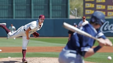 Arizona State's RJ Dabovich pitches during the first inning against Xavier at Phoenix Municipal Stadium in Phoenix, Ariz. He was drafted by the SF Giants in the 4th round of the 2020 MLB Draft.