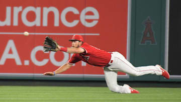 Mar 24, 2019; Anaheim, CA, USA; Los Angeles Angels center fielder Brandon Marsh (89) catches a fly ball in the eighth inning against the Los Angeles Dodgers at Angel Stadium of Anaheim. Mandatory Credit: Kirby Lee-USA TODAY Sports