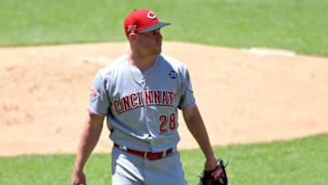 Jun 12, 2019; Cleveland, OH, USA; Cincinnati Reds starting pitcher Anthony DeSclafani (28) walks off the field in the third inning against the Cleveland Indians at Progressive Field. Mandatory Credit: David Richard-USA TODAY Sports
