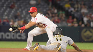 Los Angeles Angels shortstop Wilfredo Tovar (19) attempts to tag out Pittsburgh Pirates center fielder Starling Marte (6) at second base at Angel Stadium of Anaheim. The Pirates defeated the Angels 10-2. (Kirby Lee-USA TODAY Sports)