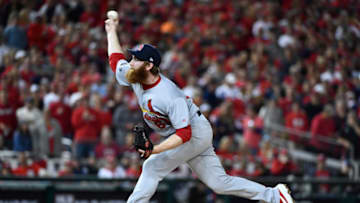 Oct 14, 2019; Washington, DC, USA; St. Louis Cardinals relief pitcher John Brebbia (60) delivers during the fifth inning of game three of the 2019 NLCS playoff baseball series against the Washington Nationals at Nationals Park. (Brad Mills-USA TODAY Sports)