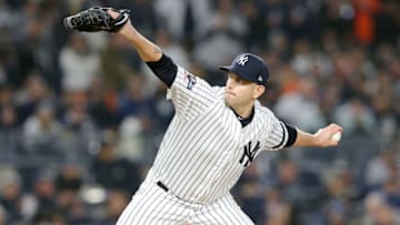 New York Yankees starting pitcher James Paxton (65) pitches against the Houston Astros during the fifth inning of game five of the 2019 ALCS playoff baseball series at Yankee Stadium. (Brad Penner-USA TODAY Sports)