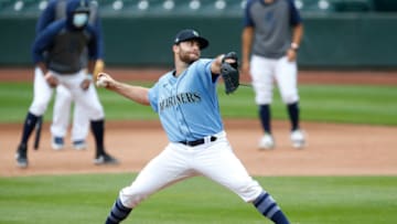 Jul 7, 2020; Seattle, Washington, United States; Seattle Mariners pitcher Sam Delaplane throws during batting practice at T-Mobile Park. (Joe Nicholson-USA TODAY Sports)
