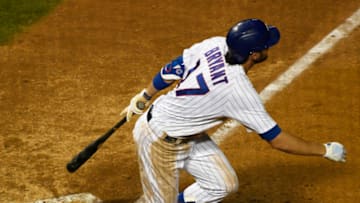 Chicago Cubs left fielder/third baseman Kris Bryant (17) hits a home run against the Kansas City Royals during the seventh inning at Wrigley Field. The SF Giants have acquired Bryant via trade. (David Banks-USA TODAY Sports)