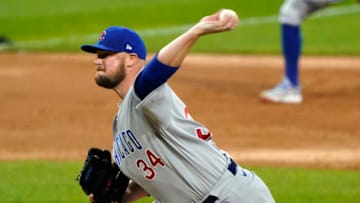 Sep 26, 2020; Chicago, Illinois, USA; Chicago Cubs starting pitcher Jon Lester (34) throws a pitch against the Chicago White Sox during the second inning at Guaranteed Rate Field. Mandatory Credit: Mike Dinovo-USA TODAY Sports